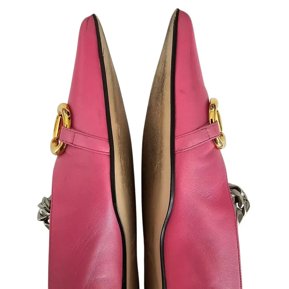 Gucci Horsebit Chain Pointed Toe Ballet Flat Size 38.5 US 8.5 Pink Gold Silver